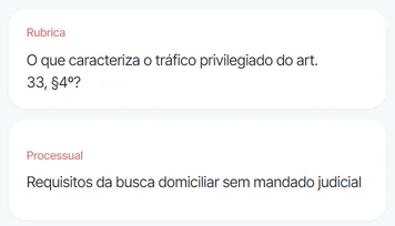 Duas perguntas sugeridas na Consulta, marcadas com o tipo de busca: rubrica e processual.