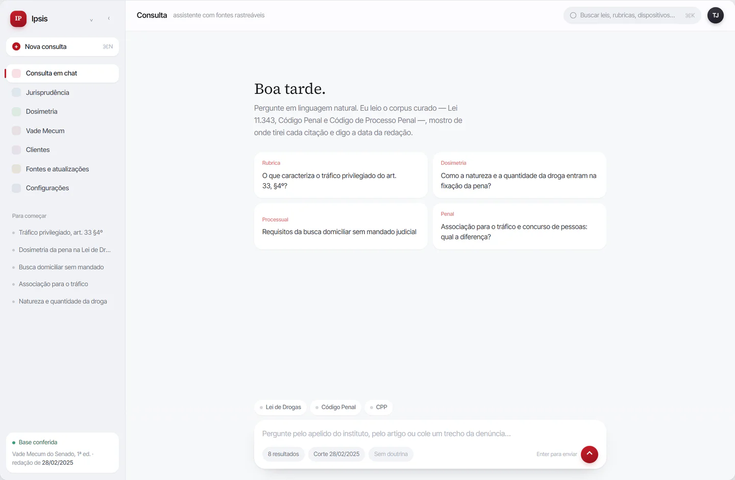Tela de Consulta do Ipsis, com as perguntas sugeridas por rubrica e a caixa de pergunta mostrando a data de corte do corpus.